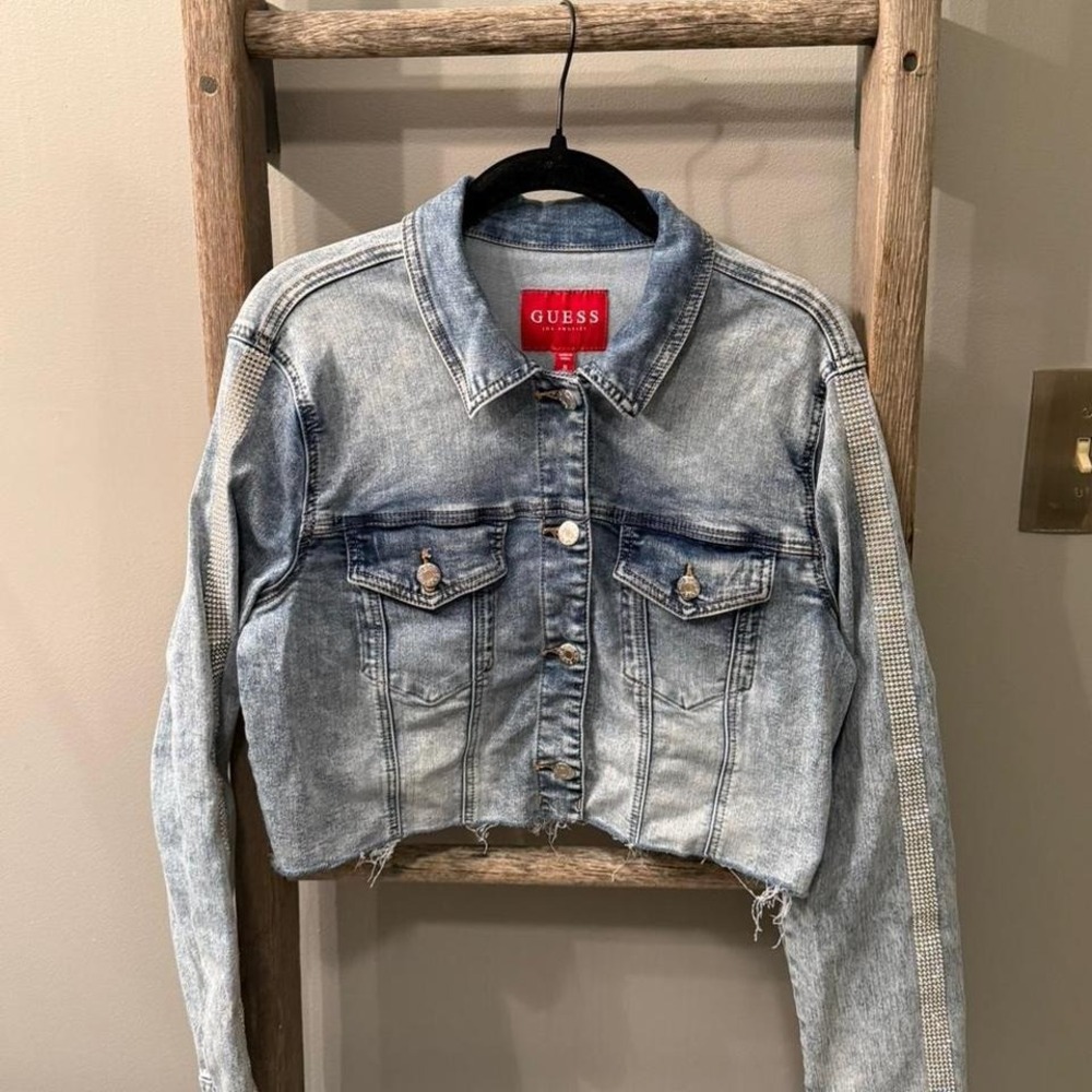 Guess los angeles cropped blue denim jacket with fray and bling detailing size M